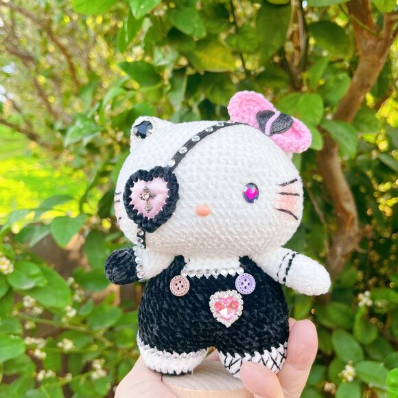 Hello Kitty Black Pink Style Crochet Doll | Handmade Gothic Hello Kitty - Picture 9 of 11